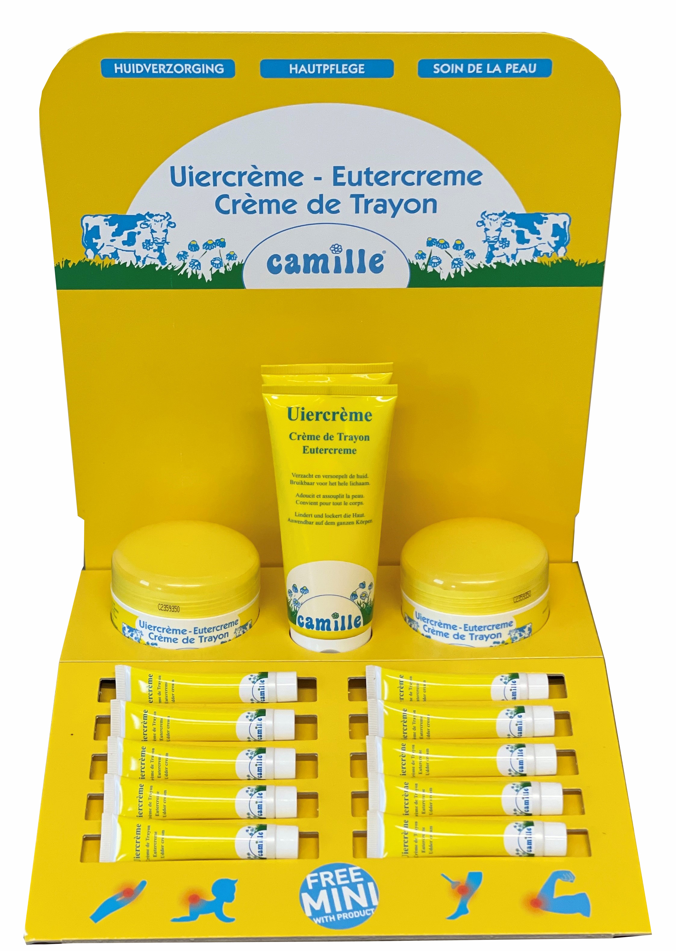 Presentoir camille + 10 x creme de trayon echantillons 20 ml.