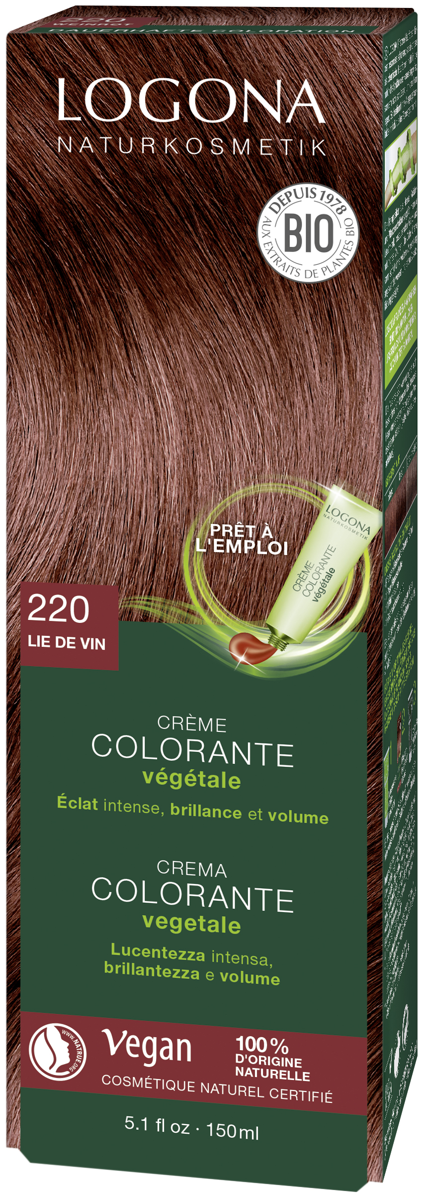Crème colorante capillaire à base de plantes "220 Vin rouge"